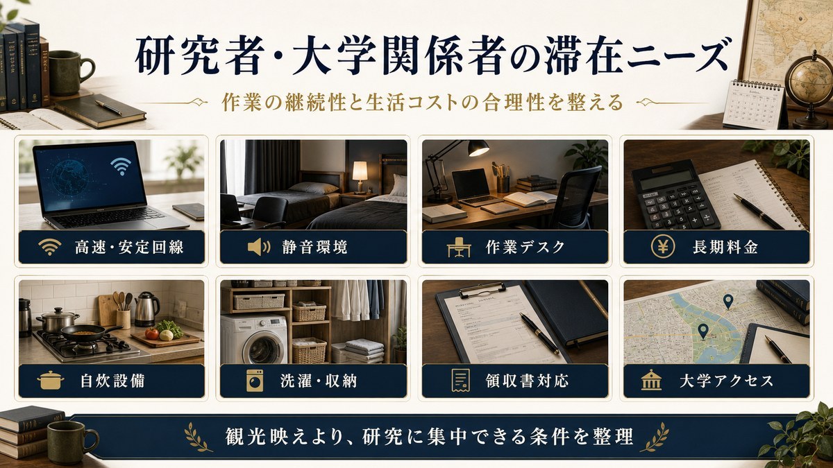 研究者・大学関係者の滞在ニーズを高速回線、静音環境、作業デスク、長期料金、自炊設備、洗濯・収納、領収書対応、大学アクセスで整理した図解
