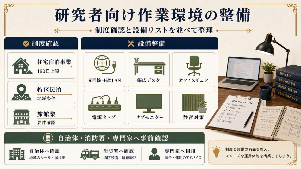 研究者向け作業環境を制度確認と光回線、有線LAN、デスク、チェア、電源、モニター、静音対策で整理した図解