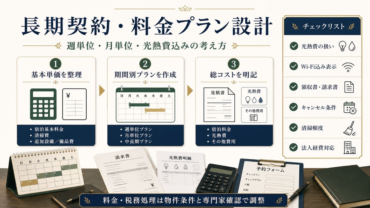 長期契約・料金プラン設計を基本単価、期間別プラン、総コスト、光熱費、Wi-Fi、領収書、清掃頻度、法人経費対応で整理した図解