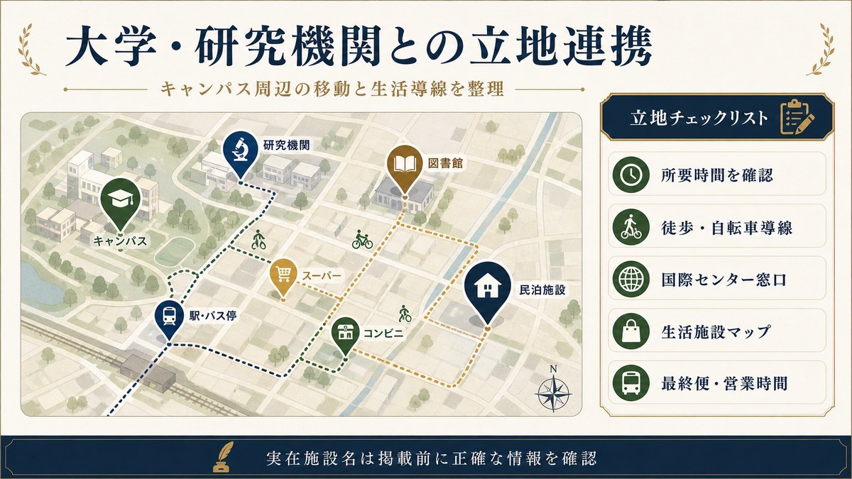 大学・研究機関との立地連携をキャンパス、研究機関、図書館、駅、生活施設、国際センター窓口で整理した図解