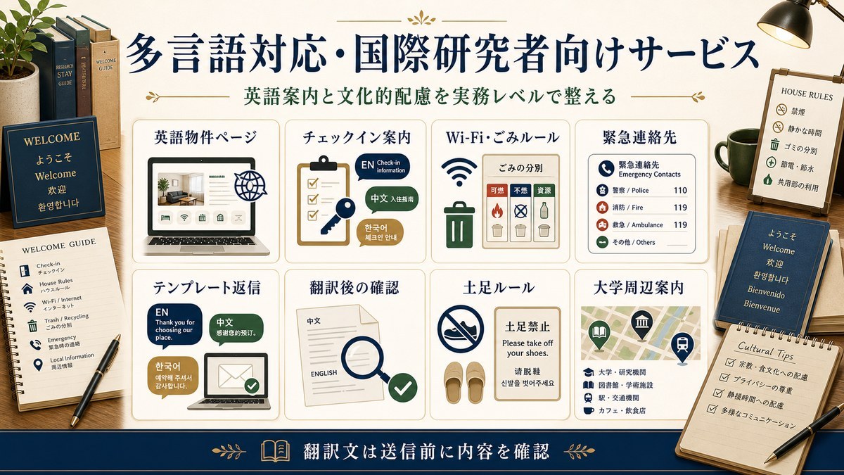 多言語対応と国際研究者向けサービスを英語物件ページ、チェックイン案内、Wi-Fi、ごみルール、緊急連絡先、翻訳後確認で整理した図解