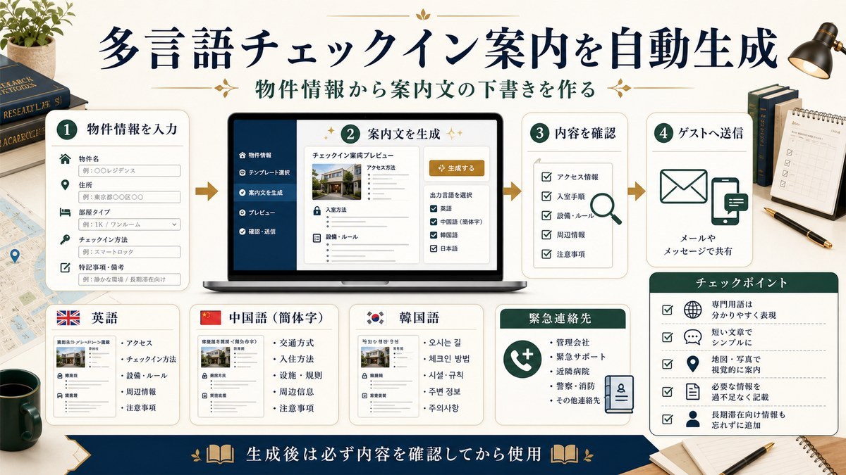 多言語チェックイン案内生成を物件情報入力、案内文生成、内容確認、ゲスト送信の流れで整理した図解