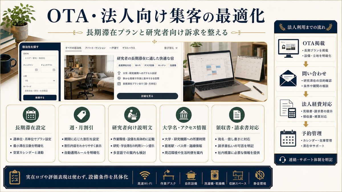 OTA・法人向け集客を長期滞在設定、週・月割引、研究者向け説明文、大学アクセス情報、領収書・請求書対応で整理した図解