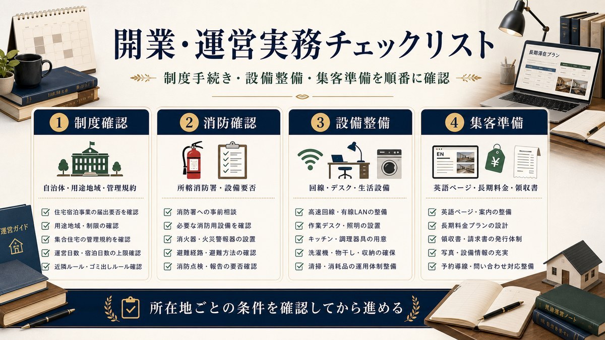 開業・運営実務チェックリストを制度確認、消防確認、設備整備、集客準備で整理した図解