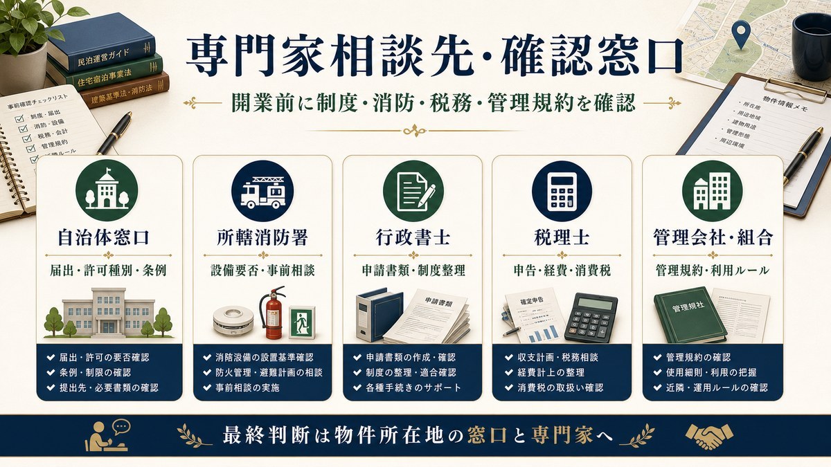 専門家相談先と確認窓口を自治体、所轄消防署、行政書士、税理士、管理会社・管理組合で整理した図解