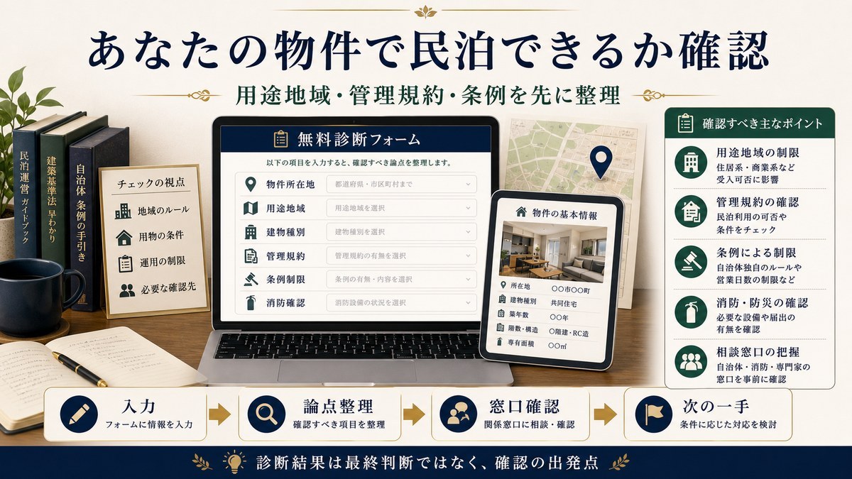 民泊可否の無料診断を物件所在地、用途地域、建物種別、管理規約、条例制限、消防確認で整理した図解