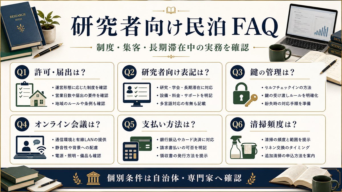 研究者向け民泊のFAQを許可・届出、研究者向け表記、鍵の管理、オンライン会議、支払い方法、清掃頻度で整理した図解