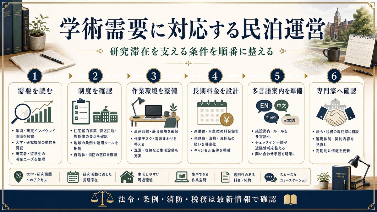 学術需要に対応する民泊運営を需要把握、制度確認、作業環境、長期料金、多言語案内、専門家確認で整理したロードマップ図解
