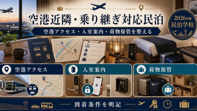 空港近隣・乗り継ぎ対応民泊の空港アクセス、入室案内、荷物保管を整理した図