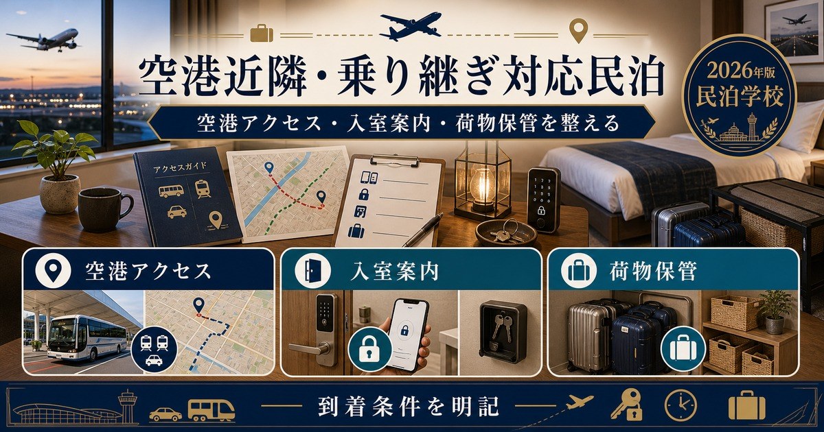 空港近隣・乗り継ぎ対応民泊の空港アクセス、入室案内、荷物保管を整理した図