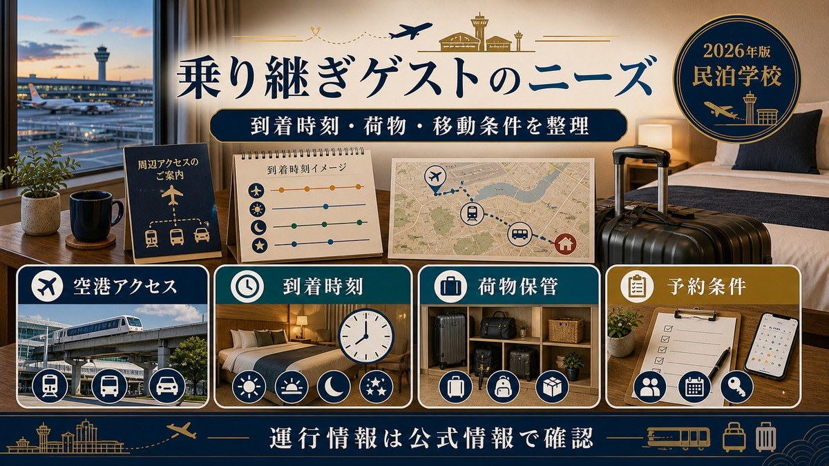 乗り継ぎゲストのニーズを空港アクセス、到着時刻、荷物保管、予約条件で整理した図