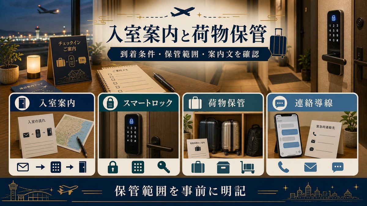 空港近隣民泊の入室案内と荷物保管を入室案内、スマートロック、荷物保管、連絡導線で整理した図