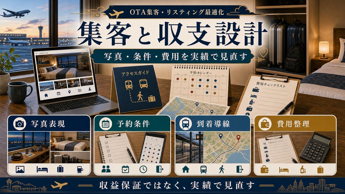 空港近隣民泊の集客と収支設計を写真表現、予約条件、到着導線、費用整理で示した図