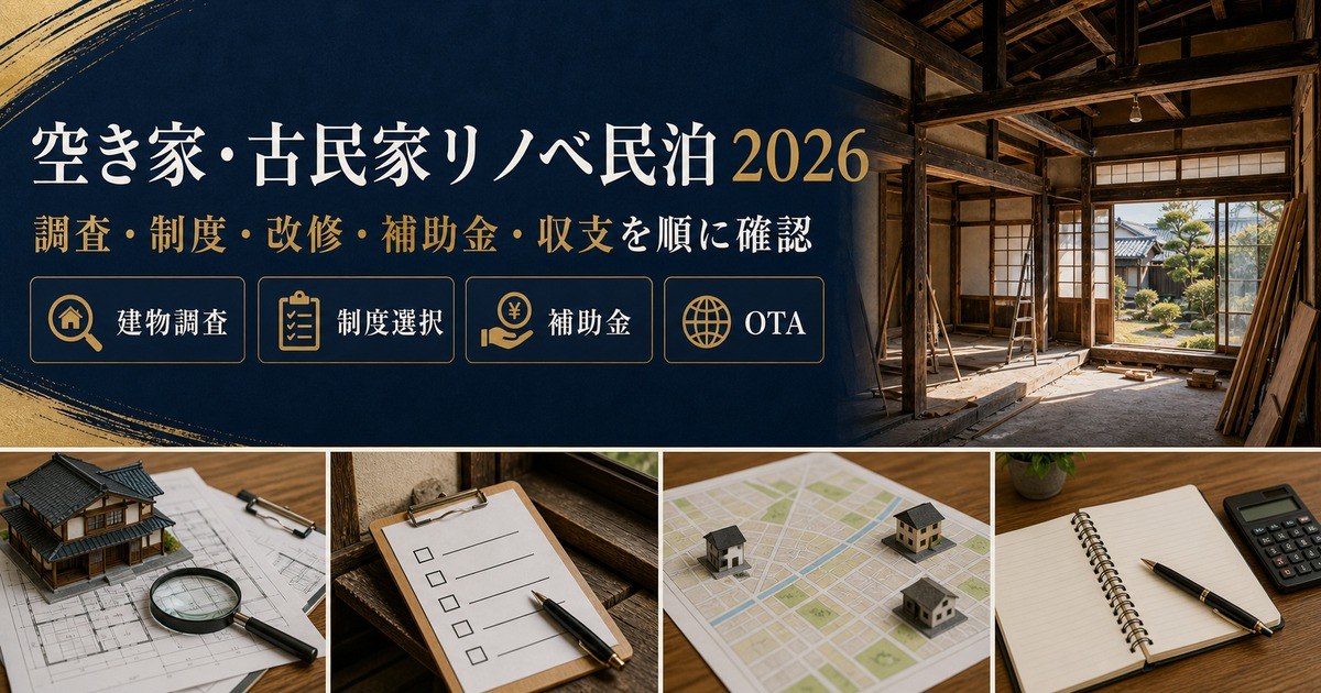 空き家・古民家リノベ民泊の建物調査・制度選択・補助金・収支確認を整理したアイキャッチ