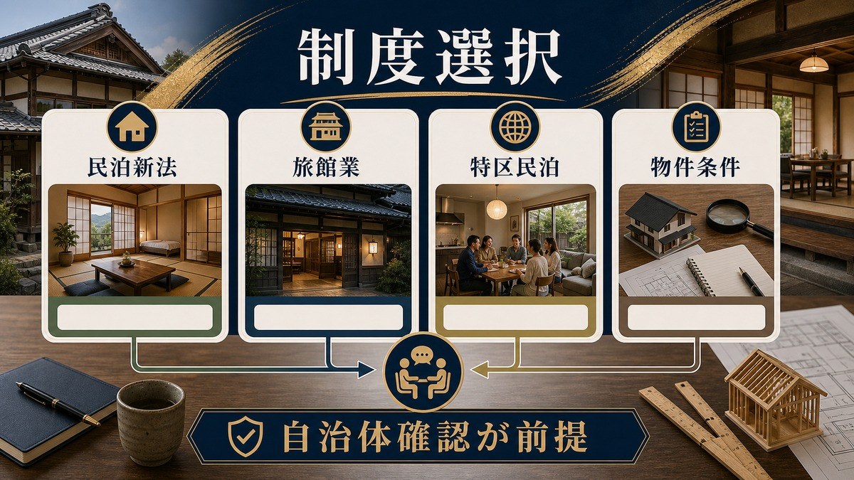 空き家活用で選ぶ民泊新法・旅館業・特区民泊・物件条件を整理した制度選択図