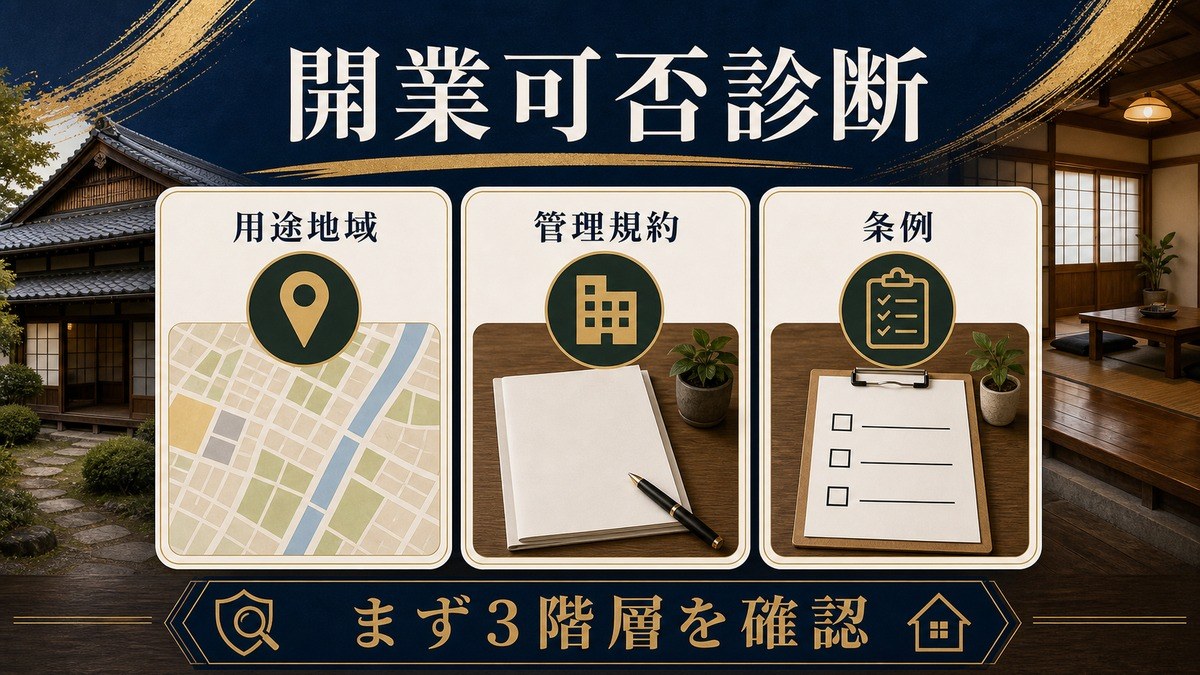 空き家・古民家民泊の用途地域・管理規約・条例を確認する開業可否診断図