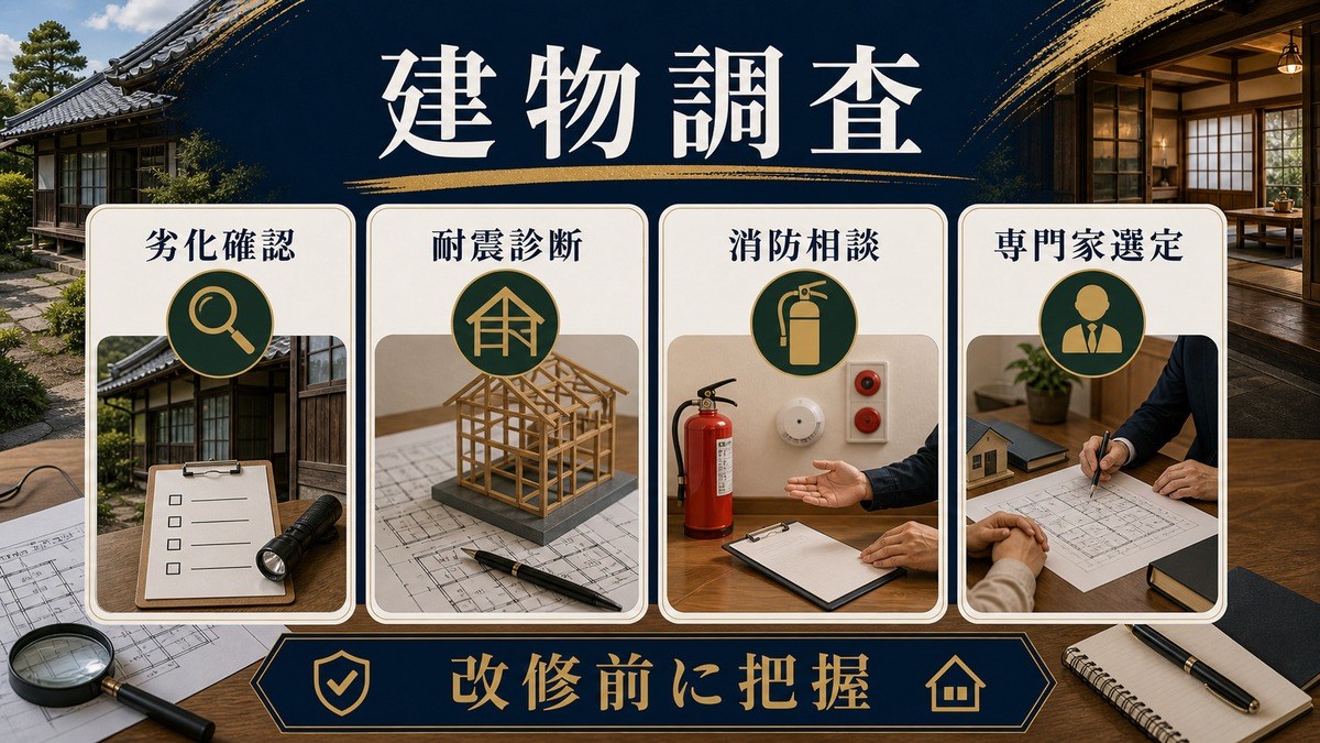 空き家調査で劣化確認・耐震診断・消防相談・専門家選定を整理した建物調査図