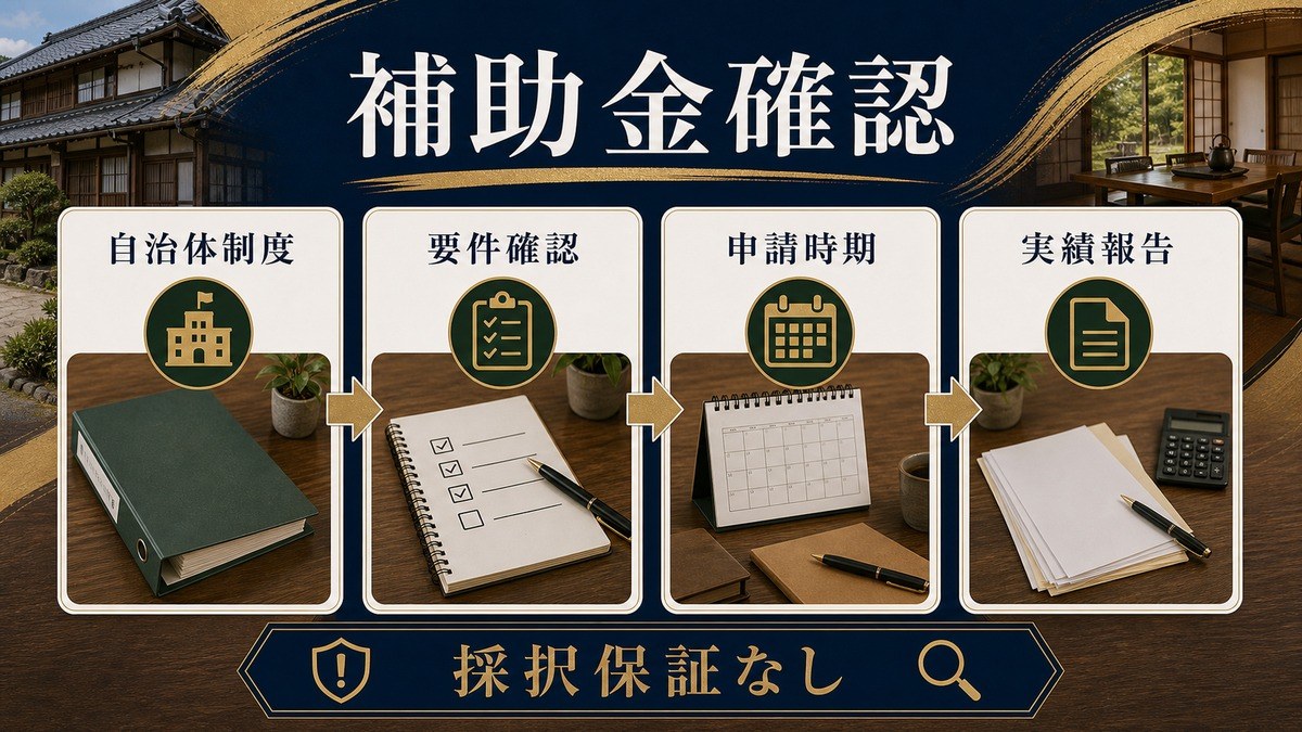 空き家活用補助金の自治体制度・要件確認・申請時期・実績報告を整理した補助金確認図