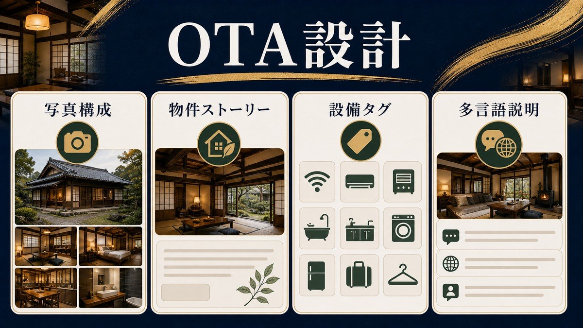 古民家民泊のOTA設計として写真構成・物件ストーリー・設備タグ・多言語説明を整理した図