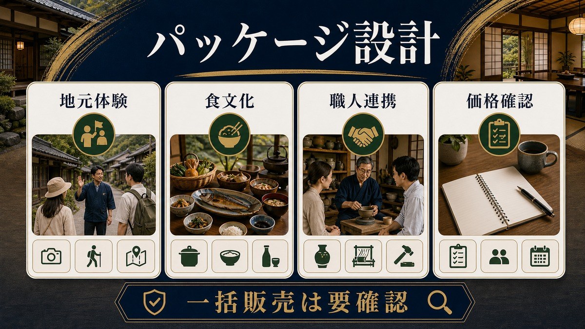 古民家民泊の地元体験・食文化・職人連携・価格確認を整理したパッケージ設計図