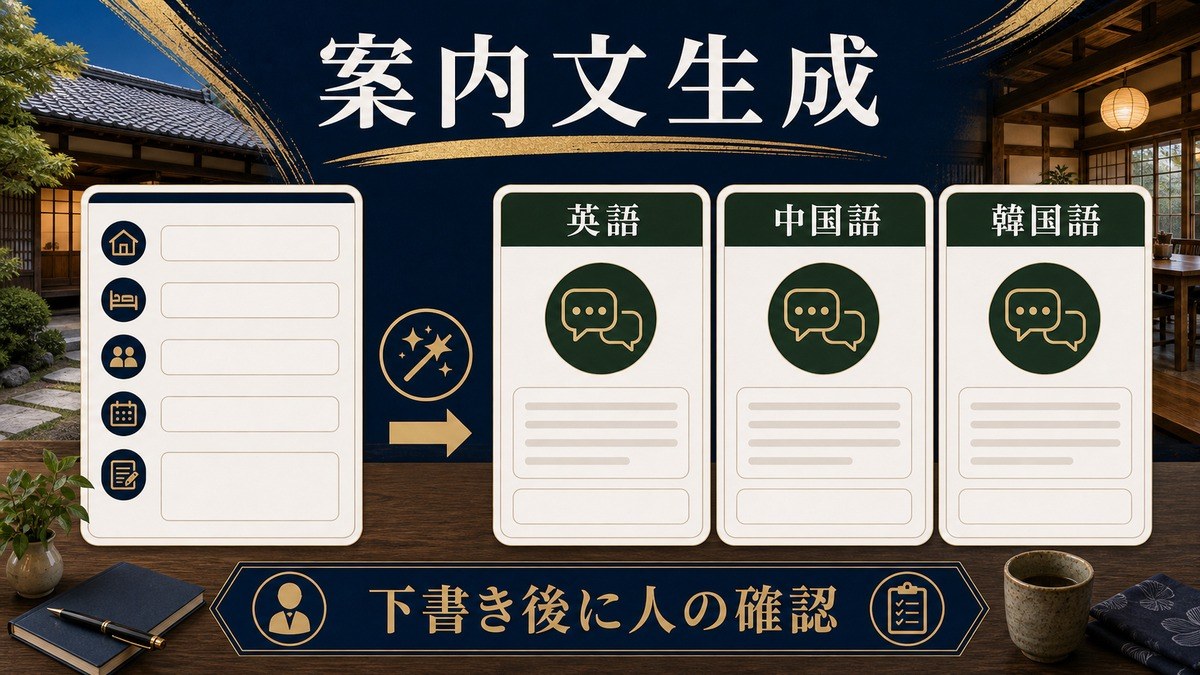 古民家民泊の英語・中国語・韓国語案内文生成と人による確認を整理した図