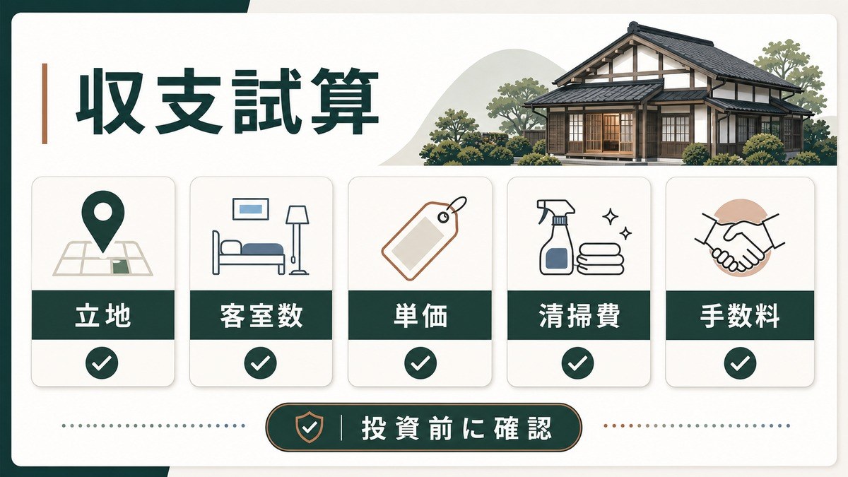 古民家民泊の立地・客室数・単価・清掃費・手数料を投資前に確認する収支試算図