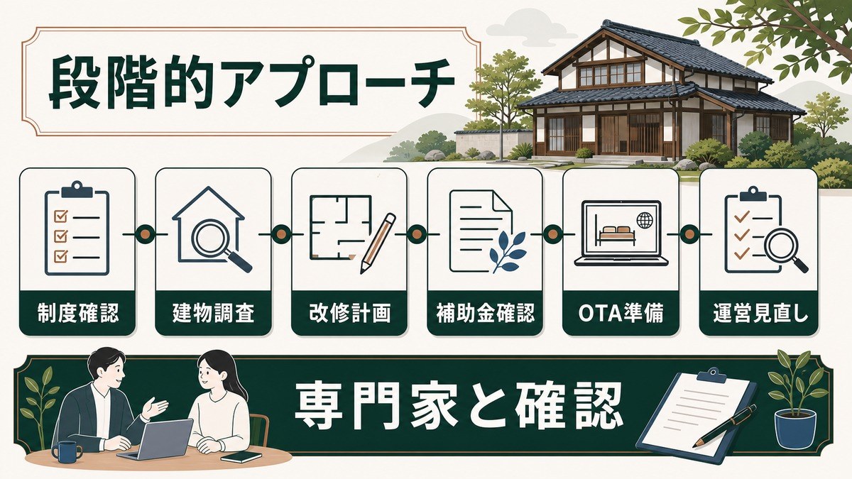 空き家・古民家リノベ民泊の制度確認・建物調査・改修計画・補助金確認・OTA準備・運営見直しを整理したロードマップ図