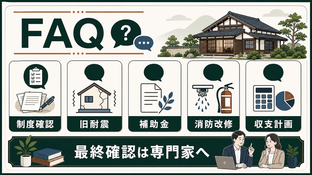 空き家・古民家民泊の制度確認・旧耐震・補助金・消防改修・収支計画に関するFAQを整理した図