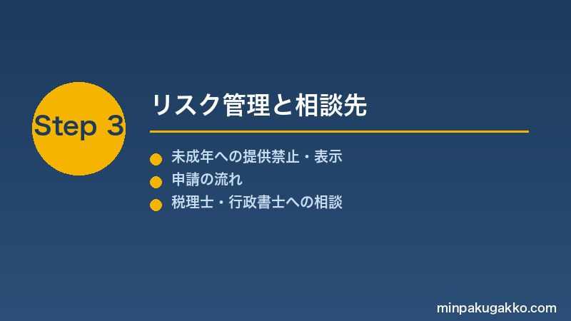 minpaku-alcohol-license-2026 Step3 リスク管理と相談先