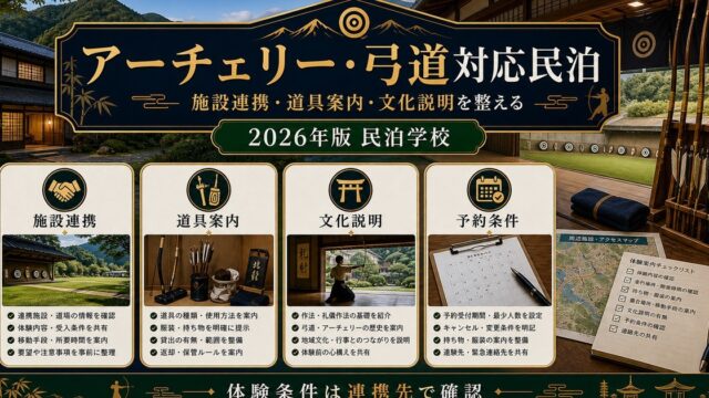 アーチェリー・弓道対応民泊の施設連携、道具案内、文化説明、予約条件を整理した図