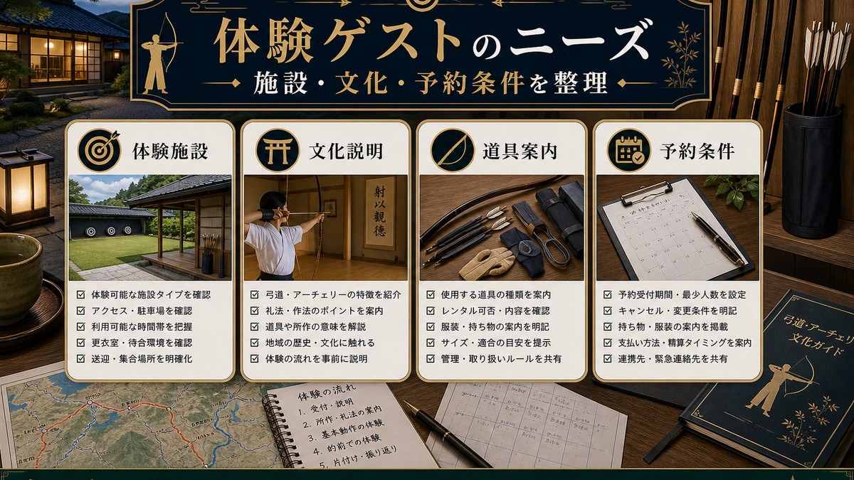 アーチェリー・弓道体験ゲストのニーズを体験施設、文化説明、道具案内、予約条件で整理した図