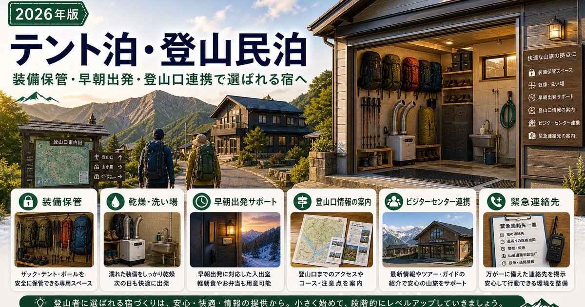 テント泊・バックパッキング客向け民泊の装備保管、早朝出発、登山口連携、緊急連絡をまとめたアイキャッチ画像