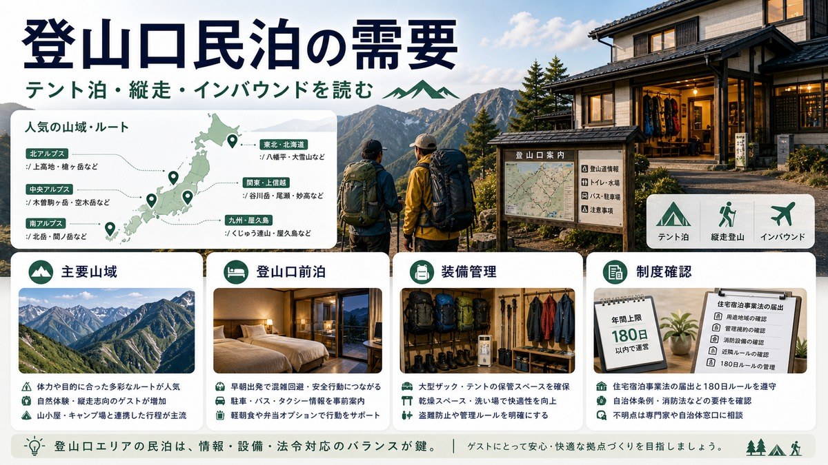 登山口民泊の需要をテント泊、縦走、インバウンド、装備管理、制度確認の観点で整理した図解