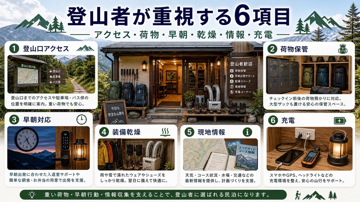 登山者が重視する登山口アクセス、荷物保管、早朝対応、装備乾燥、現地情報、充電をまとめた図解