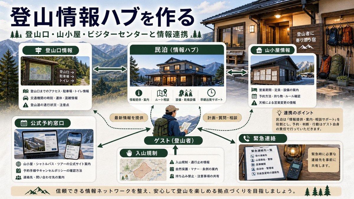 登山口、山小屋、公式予約窓口、入山規制、緊急連絡をつなぐ登山情報ハブの図解