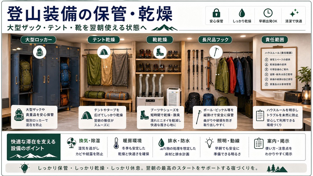 大型ロッカー、テント乾燥、靴乾燥、長尺品フック、責任範囲を整理した登山装備の保管乾燥図解