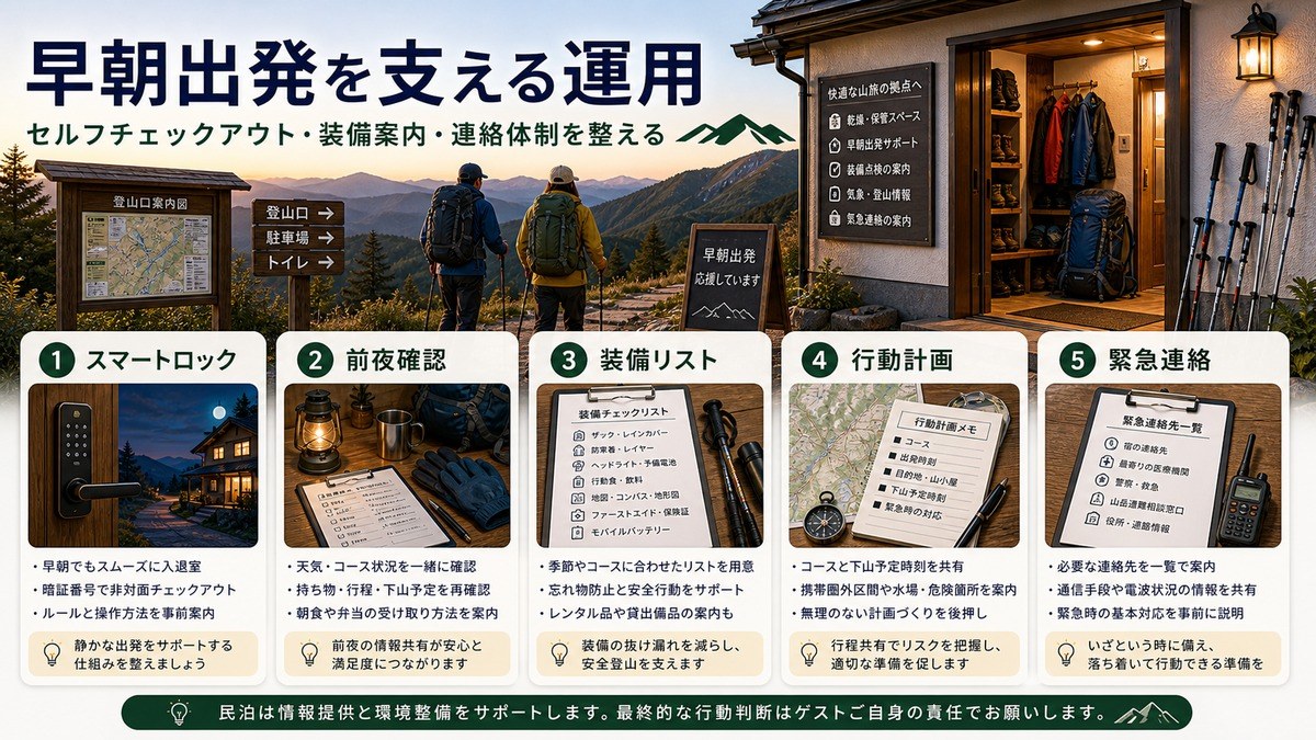 早朝出発を支えるスマートロック、前夜確認、装備リスト、行動計画、緊急連絡の運用図解