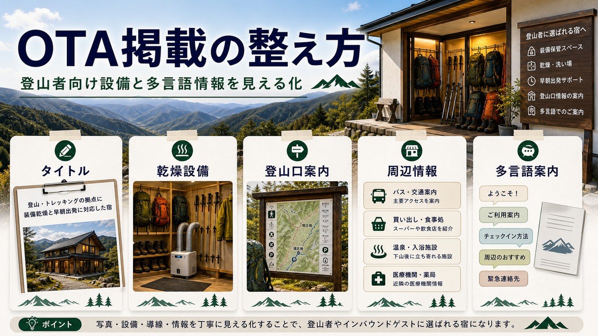 OTA掲載でタイトル、乾燥設備、登山口案内、周辺情報、多言語案内を見える化する図解
