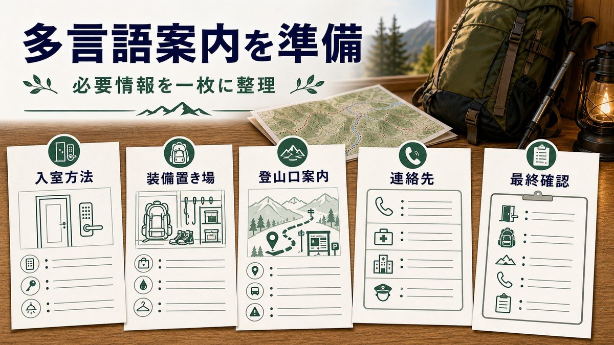 多言語案内で入室方法、装備置き場、登山口案内、連絡先、最終確認を一枚に整理する図解
