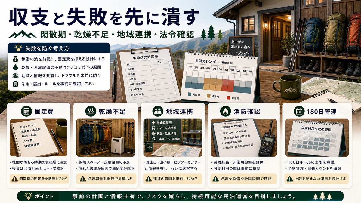固定費、乾燥不足、地域連携、消防確認、180日管理で収支と失敗を整理する図解