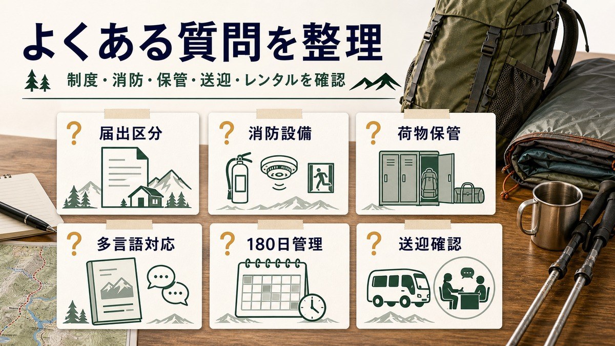 届出区分、消防設備、荷物保管、多言語対応、180日管理、送迎確認のよくある質問を整理した図解