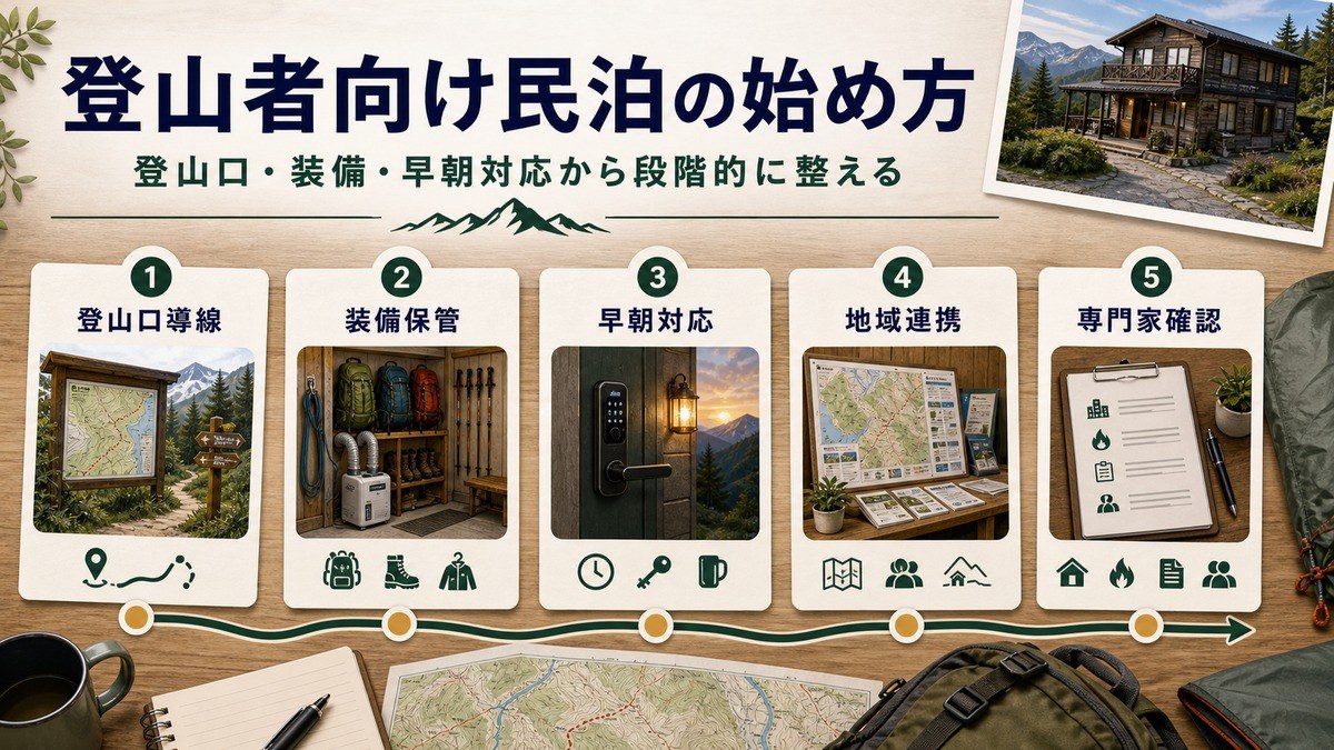 登山者向け民泊の始め方として登山口導線、装備保管、早朝対応、地域連携、専門家確認を段階的に整えるロードマップ図解