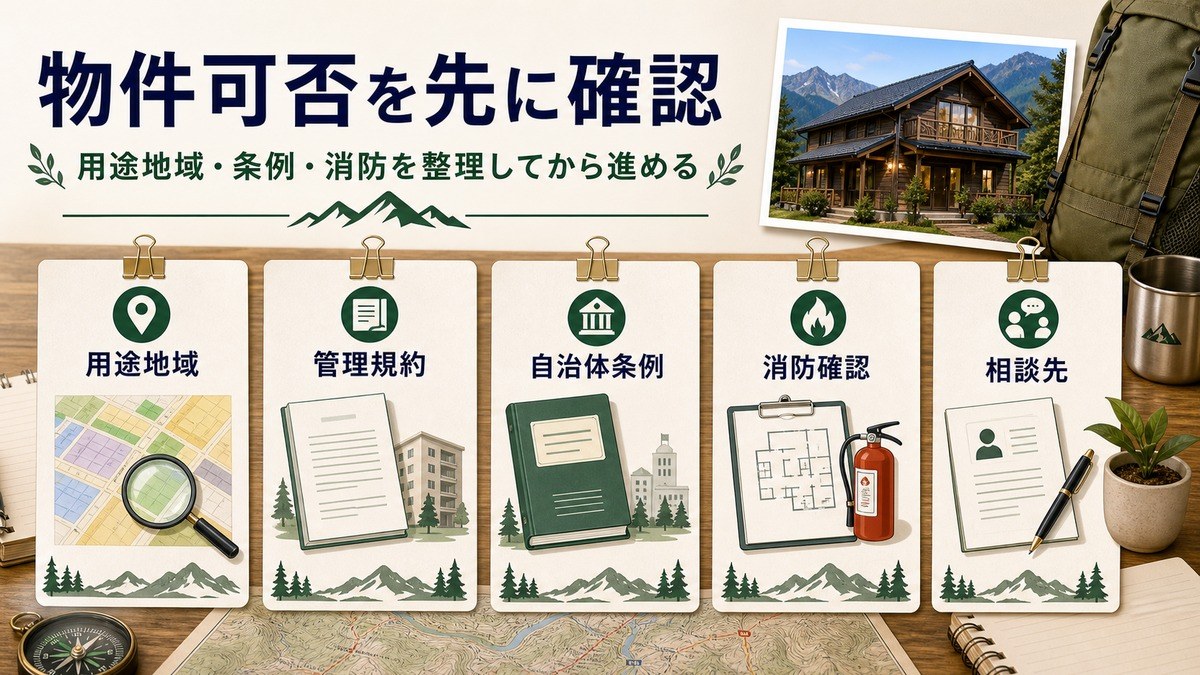 物件可否を確認する用途地域、管理規約、自治体条例、消防確認、相談先の図解