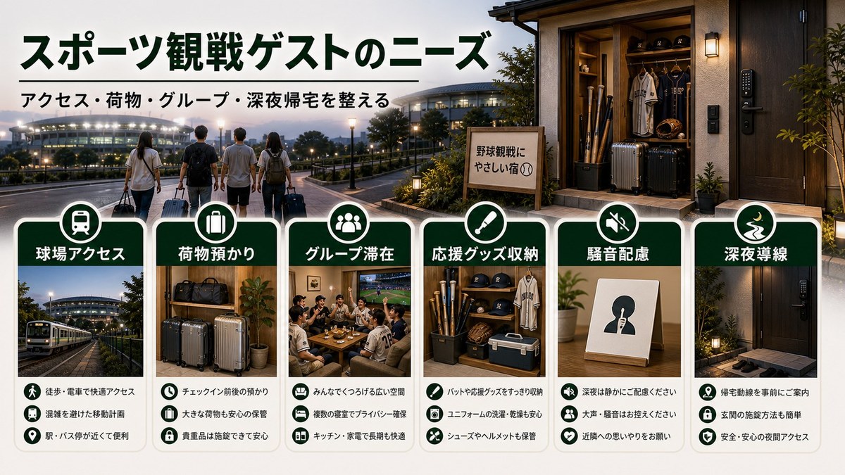 スポーツ観戦ゲストが求める球場アクセス、荷物預かり、グループ滞在、応援グッズ収納、騒音配慮、深夜導線の図解