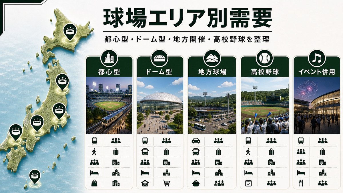 球場エリア別需要を都心型、ドーム型、地方球場、高校野球、イベント併用で整理した図解