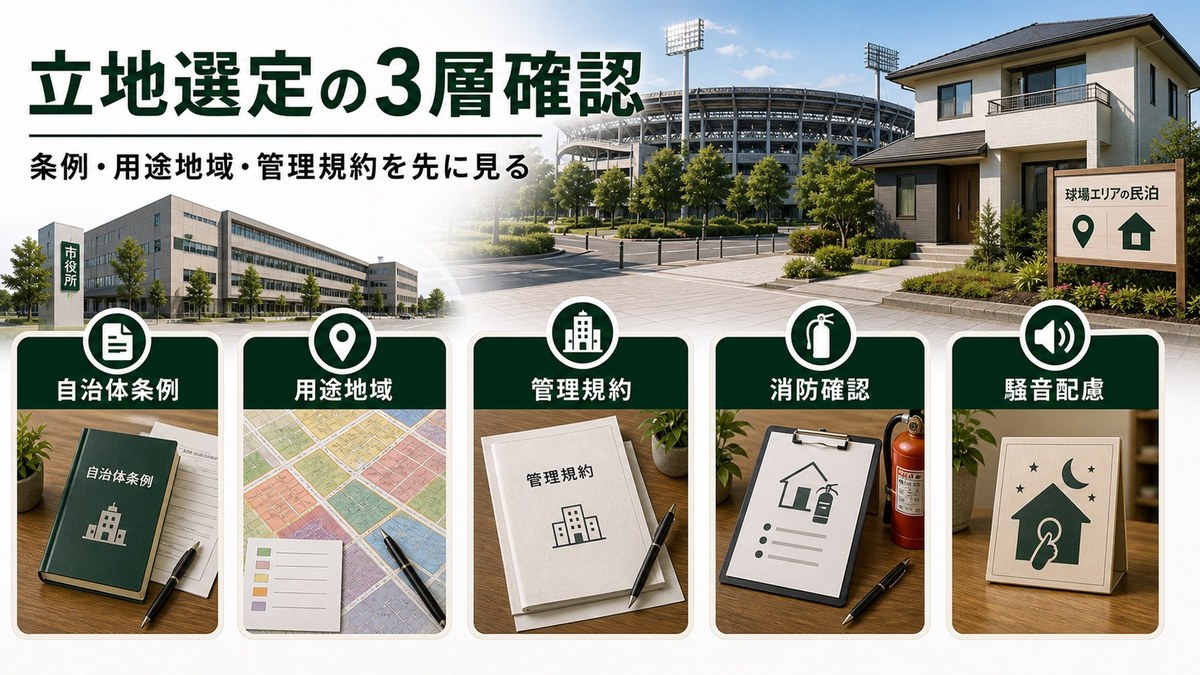 球場周辺物件の立地選定で自治体条例、用途地域、管理規約、消防確認、騒音配慮を確認する図解