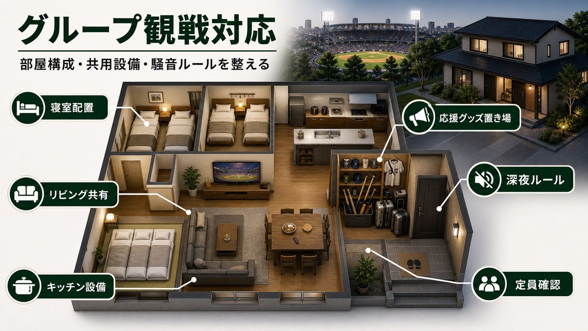 グループ観戦客向けに寝室配置、リビング共有、キッチン設備、応援グッズ置き場、深夜ルール、定員確認を整える図解
