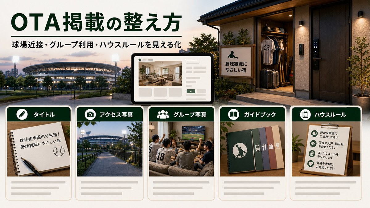 OTA掲載でタイトル、アクセス写真、グループ写真、ガイドブック、ハウスルールを整える図解