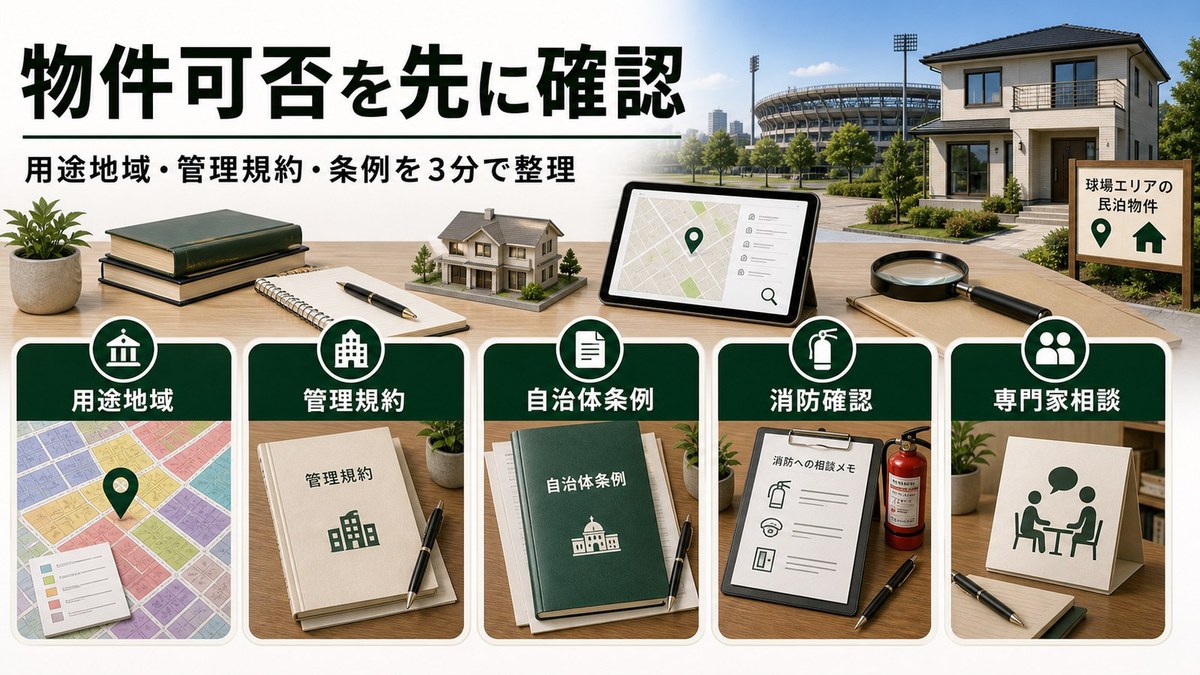 球場周辺物件の民泊可否を用途地域、管理規約、自治体条例、消防確認、専門家相談で整理する図解