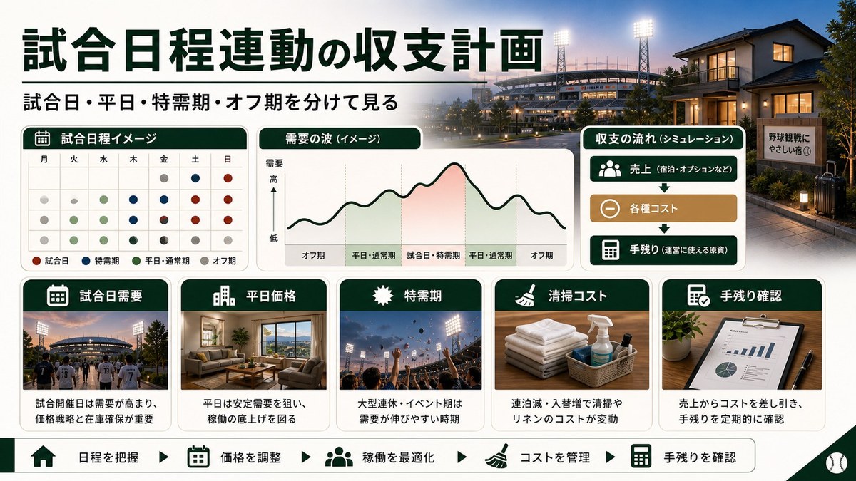 試合日程連動の収支計画を試合日需要、平日価格、特需期、清掃コスト、手残り確認で整理した図解